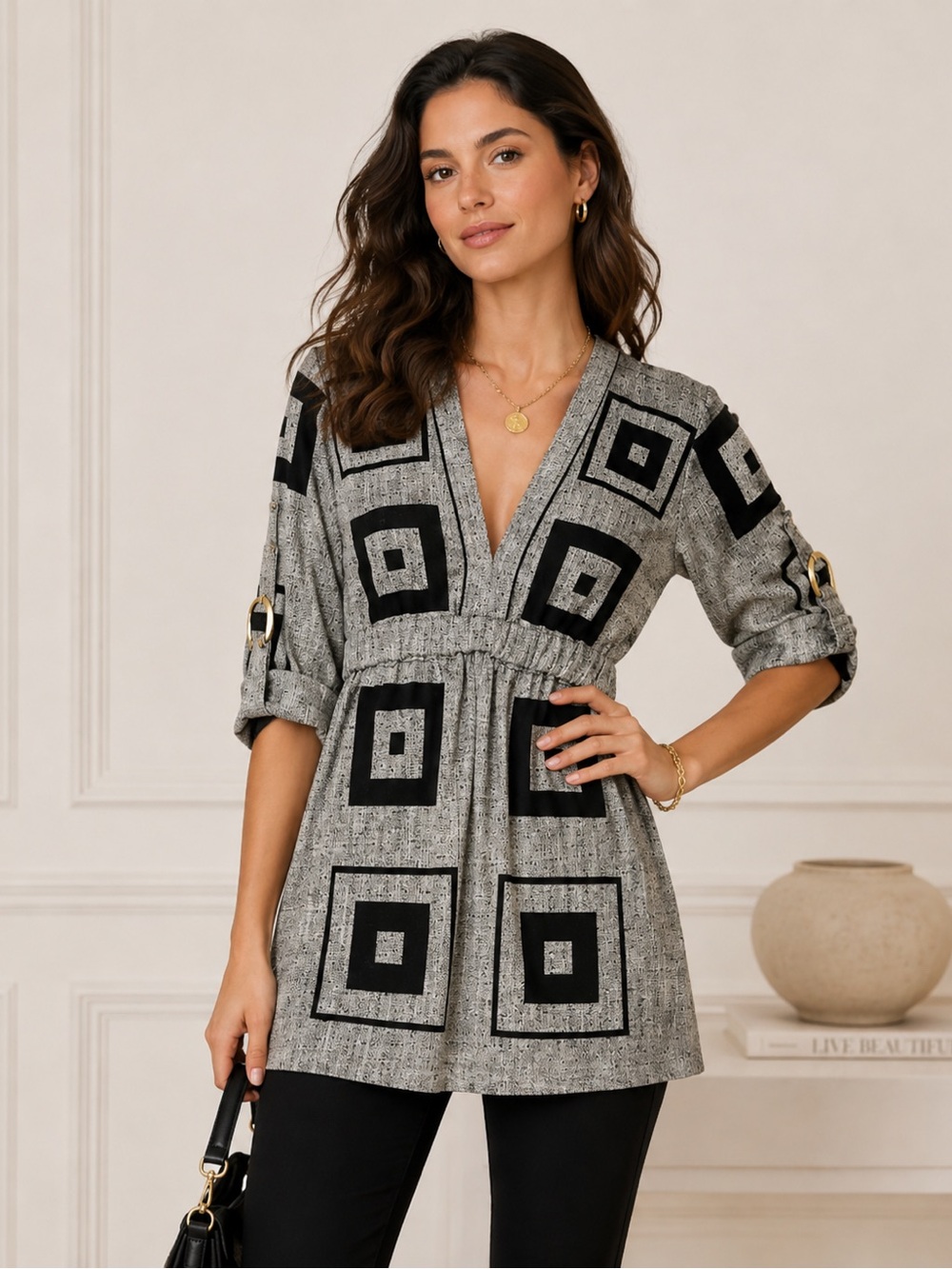 Lauren Moffatt Silk Wool Blend Square Pattern Top